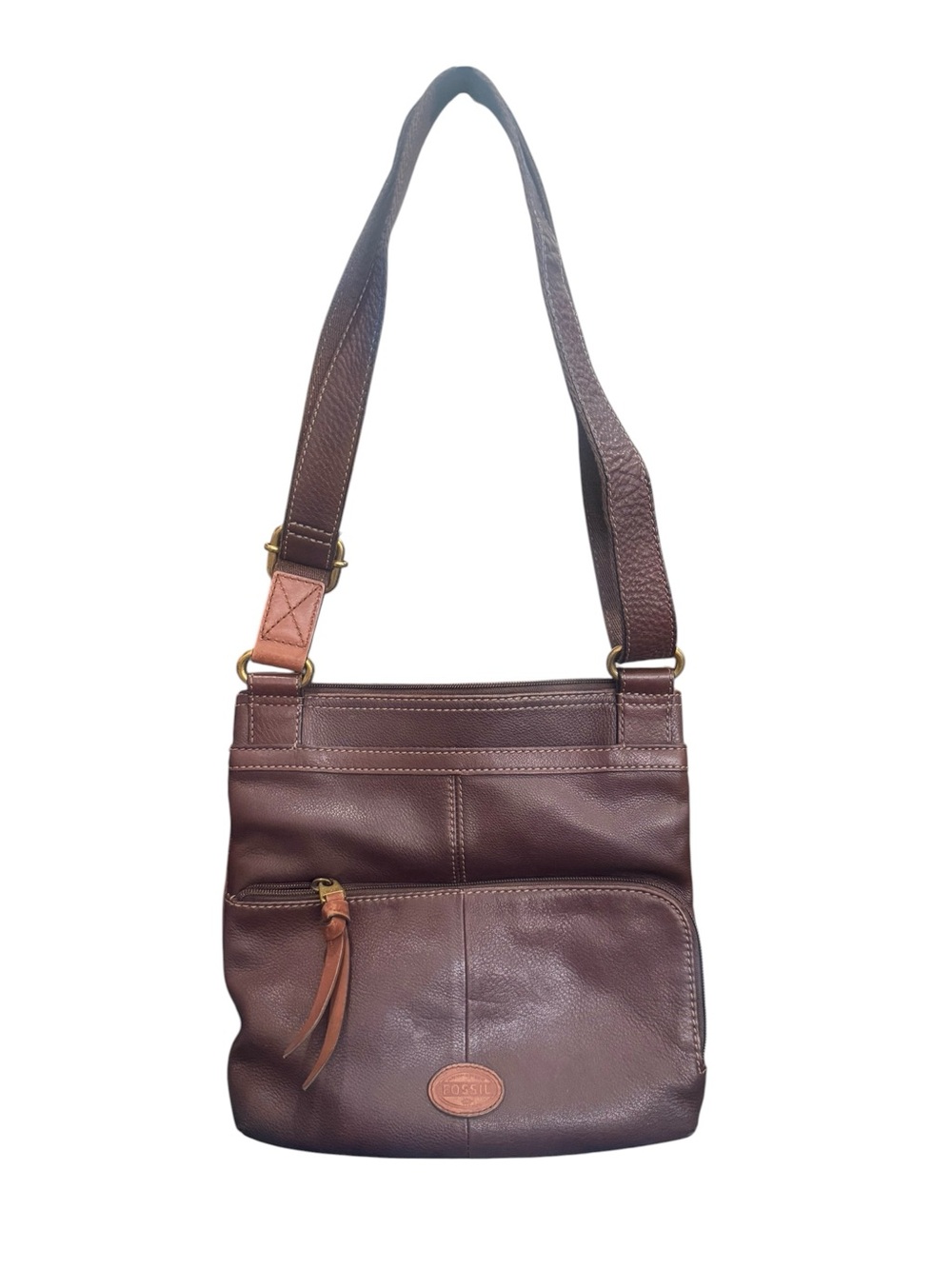 Fossil Brown Leather Pebbled Crossbody with Tan Accent